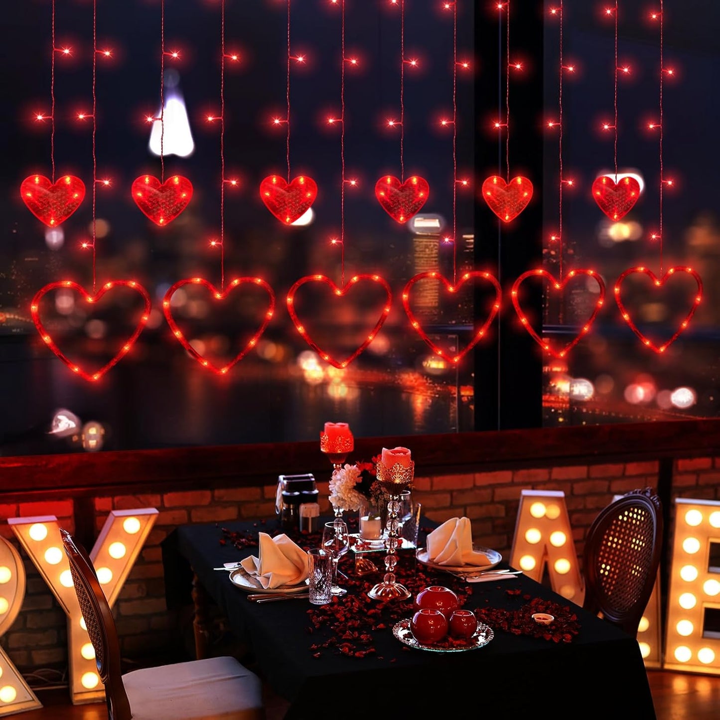 Valentines Day Decor, 138LED 12 Hearts Curtain Lights for Bedroom, Window Lights with Remote 8 Modes, USB and Battery Powered Valentines Lights for Wedding Birthday Anniversaries Party Decor (Red)