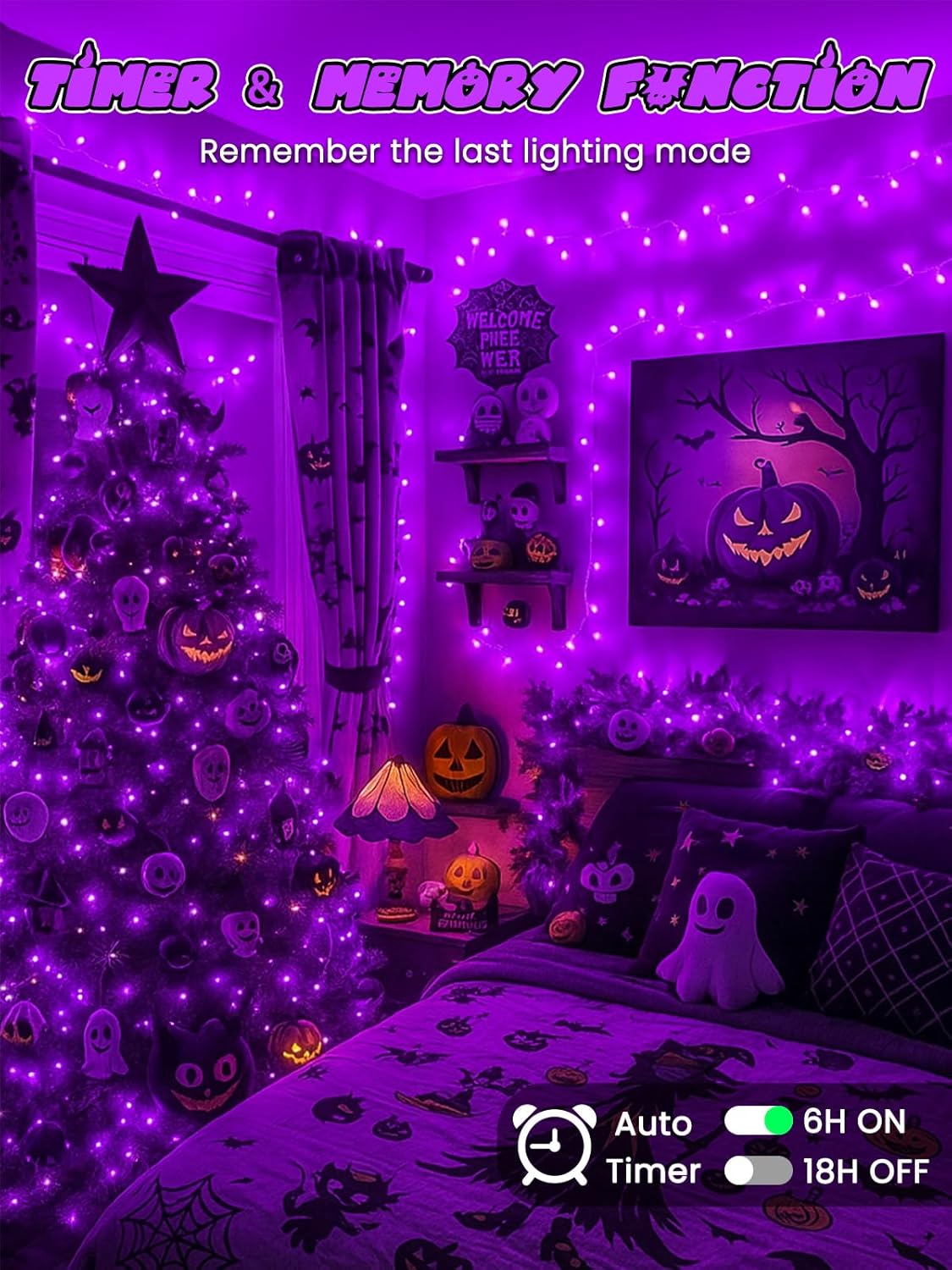 Halloween String Lights Battery Operated with Auto Timer, 33FT 100 LED Waterproof LED Purple String Lights with 8 Modes, Fairy Twinkle Light for Indoor & Outdoor Party Bedroom Halloween Decorations