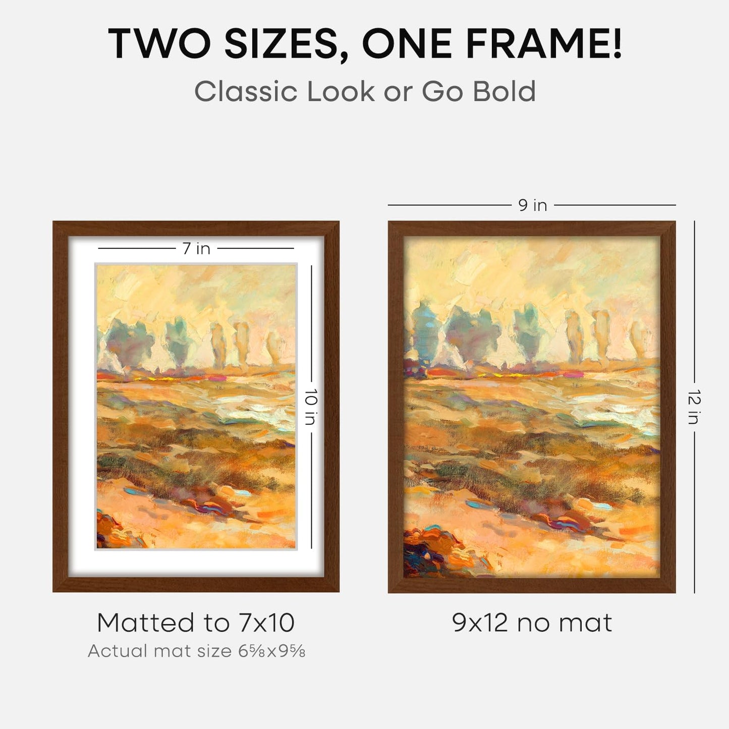 Homeforia 9x12 Picture Frame Brown, High End Dark Oak 9 x 12 Walnut Wooden Frames with Mat 7 by 10 Photo, 12x9 Wood Frame Matted to 7x10 Art, Wall or Tabletop Frame, Tempered Glass, Wall Kit, Set of 1