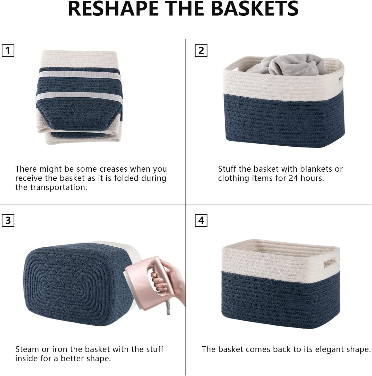 4 Pack Storage Baskets for Organizing, Woven Baskets for Shelves - Perfect for Toys, Books, Towels, and Clothes, Durable Gift Basket Bins Toy Storage, 12.7''L x9''W x7.8''H, Blue and White