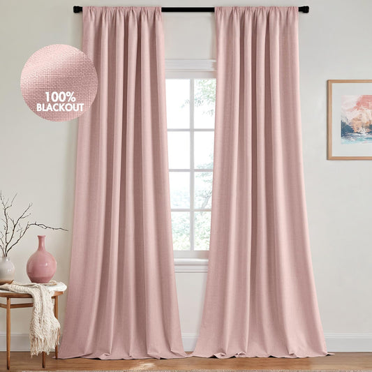 MIULEE 100% Blackout Curtains 120 Inch Long 2 Panels for Bedroom, Thick Luxury Faux Linen Black Out Curtain Room Darkening Back Tab Pleat Window Textured Drapes with Hooks for Living Room, Baby Pink