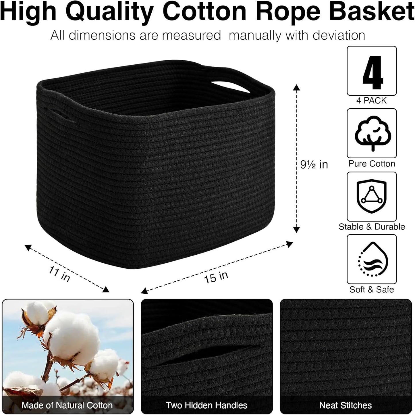 Storage Baskets for Organizing & Shelves, Woven Cotton Rope Organization Bins for Dog Toys, Clothes, Books, Nursery Organizer, 15" Lx11''Wx9.5''H, (4 Packs) Black
