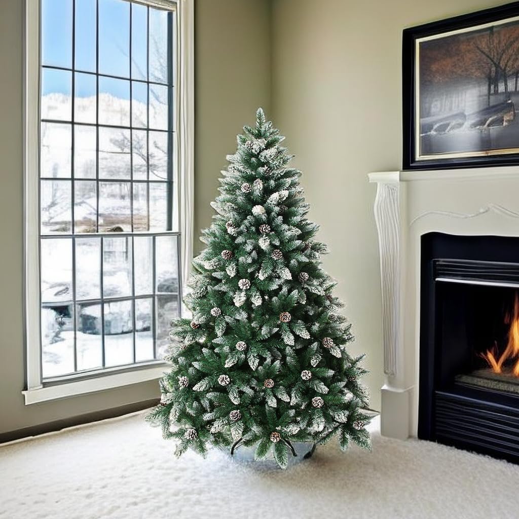 Artificial Christmas Tree 5/6/7/7.5 Foot Flocked Snow Trees with Pine Cone Decoration Unlit
