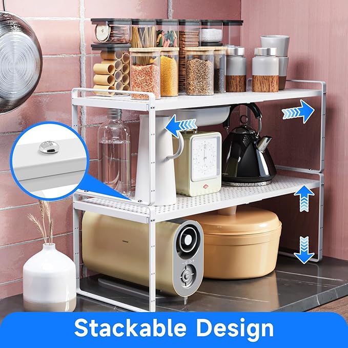 Expandable Cabinet Shelf Organizers, Kitchen Small Stand Rack Organization for Countertop Cupborad Pantry, White 1 Pack