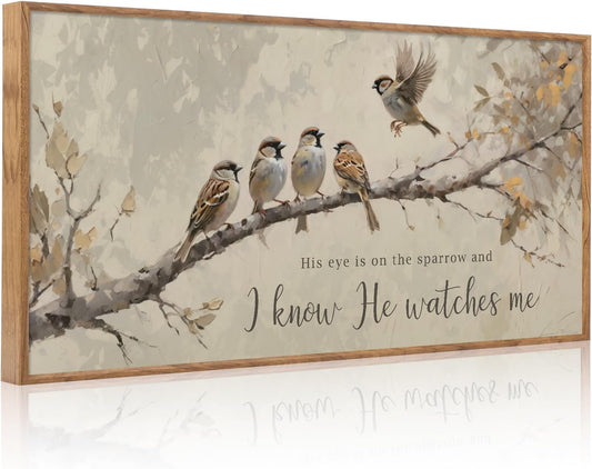 Aurlan His Eye is on the Sparrow Christian Wall Art Framed(40"x20"), Vintage Neutral Birds on Tree Branch Nature Canvas Artwork, Religious Faith Gift Bible Verse Scripture Print Decor for Home Office Bedroom