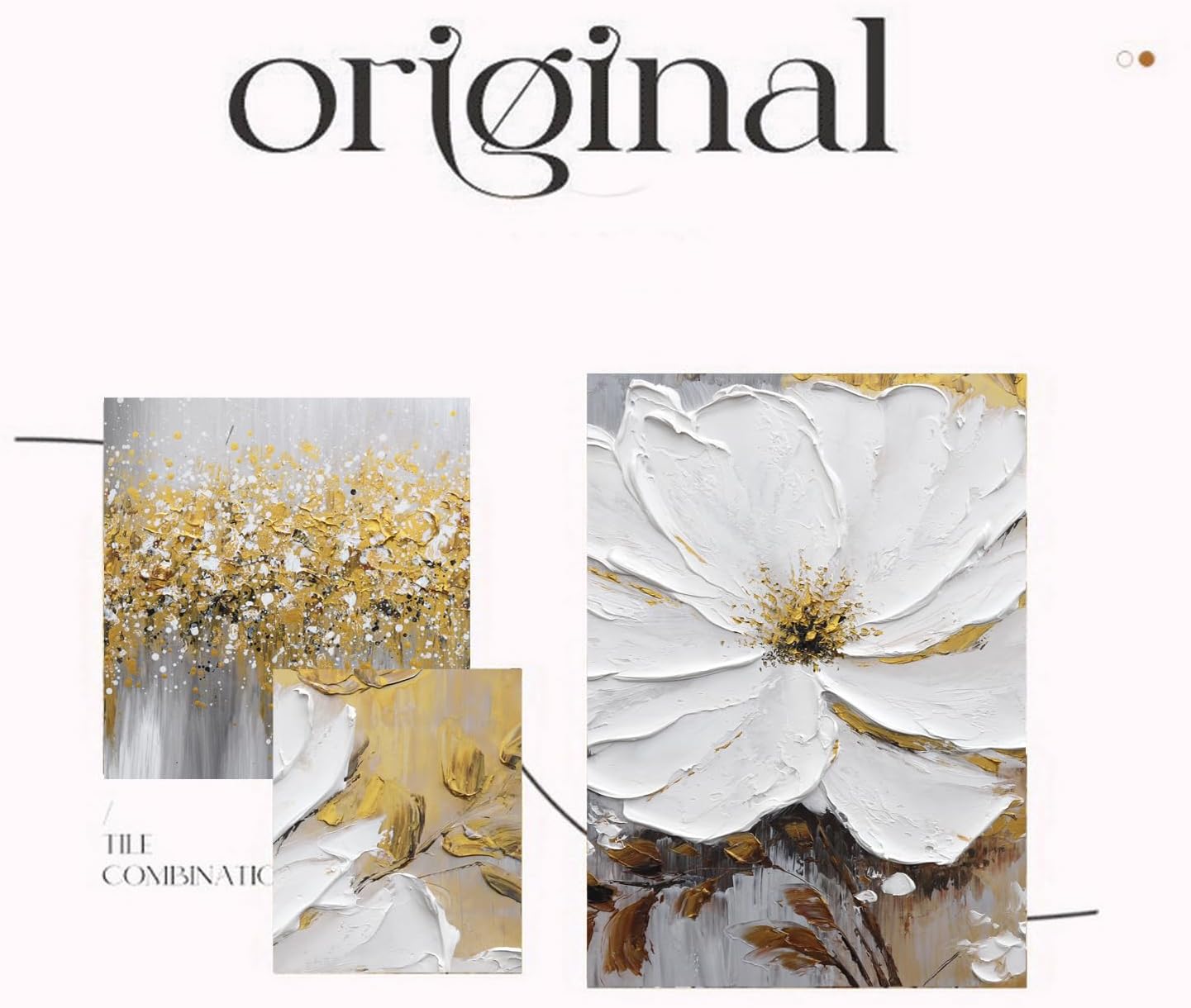 Hand-Painted Flower Oil Painting for Living Room,Framed 3D Gold and White Abstract Wall Art for Bedroom, Large 3 Pieces Floral Wall Painting for Office Home Decor 24x64 inches