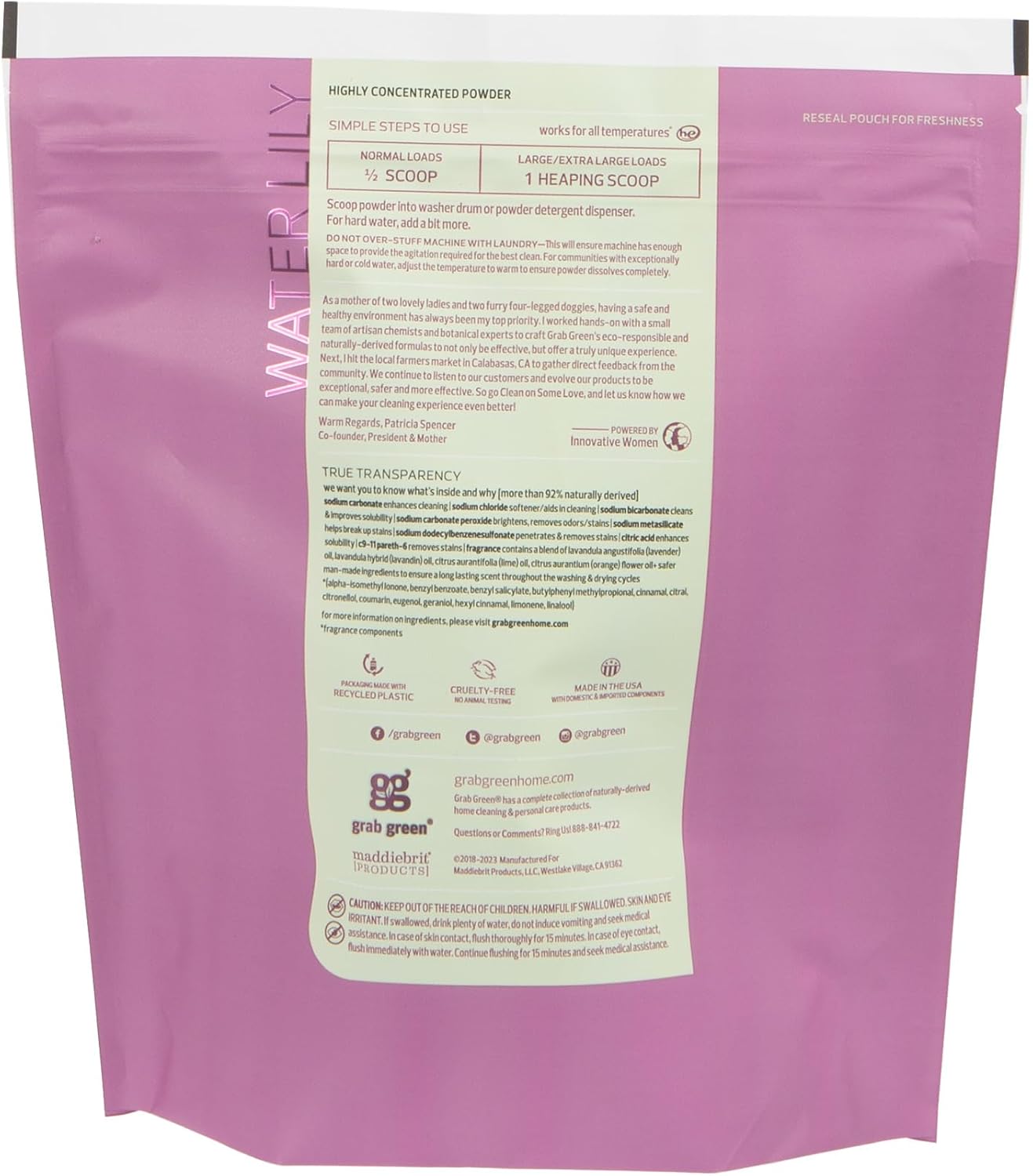 Grab Green Natural 3-in-1 Laundry Detergent Powder, Water Lily, 100 Loads