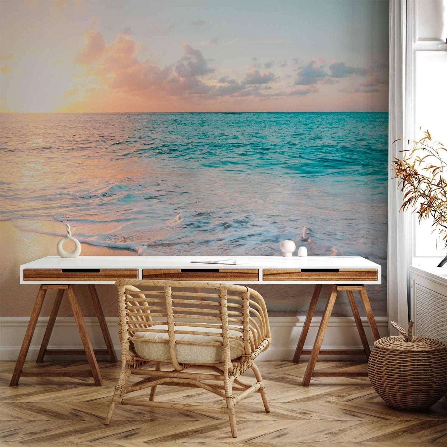 artgeist Wall Mural Peel and Stick Nature 212x98 in - XXL Self-Adhesive Corner Wallpaper Removable Large Sticker Foil Angle Wallpaper Beach Waves Sunset Island Clouds c-B-10180-a-a