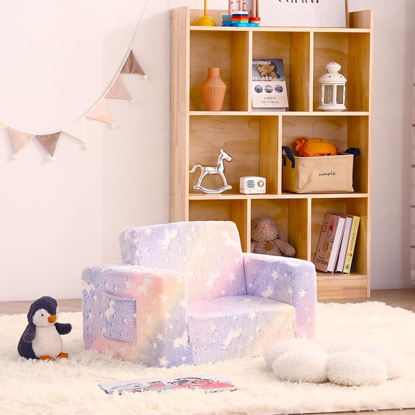 Toddler Chair Kids Couch, 2-in-1 Toddler Soft Sherpa Couch Fold Out Armchair with Removable Cover, Convertible Reading Chair Toddler Sofa for Kids, Glow in The Dark Purple Horse