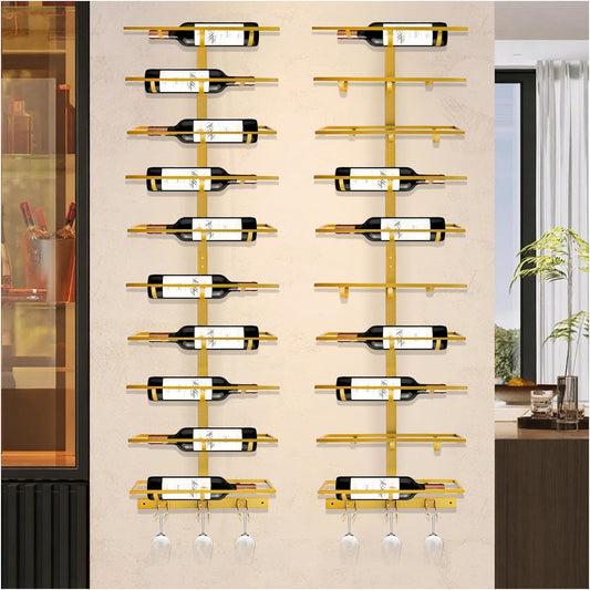 20 Bottle Wall Mount Wine Rack with Wine Glass Holder, Metal Wine Wall Rack, Wall Racks for Wine Bottles Display and Storage, Hanging Bottle Organizer for Living Dining Room Wine Cellar Bar (Gold)