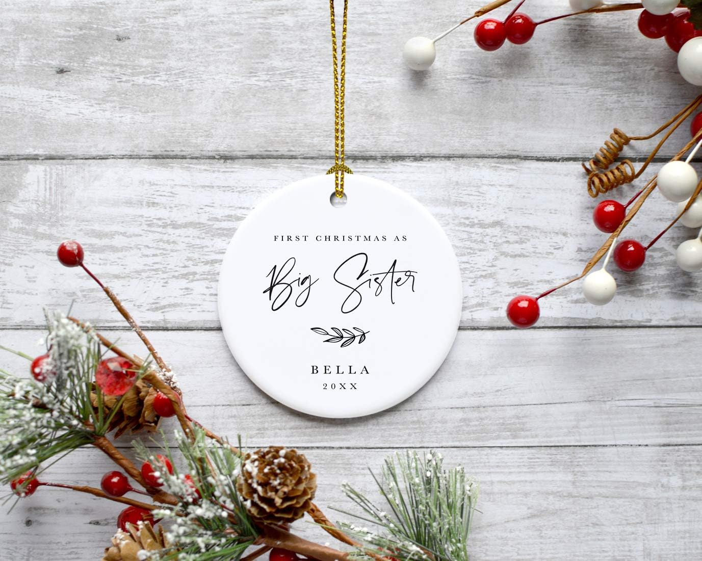 Andaz Press Personalized Sibling Round Ceramic Porcelain Christmas Tree Ornament Keepsake Collectible Gift, First Christmas as Big Sister Annabelle 2024, Antique Handdrawn, 1-Pack