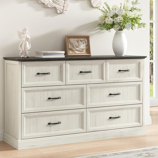 Farmhouse 7 Drawer Dresser for Bedroom, 55 Inch Wide Modern White Dresser TV Stand with Large Drawers & Bar Handles, Rustic Wood Chest of Drawers for Bedroom, Living Room, Hallway, Entryway.