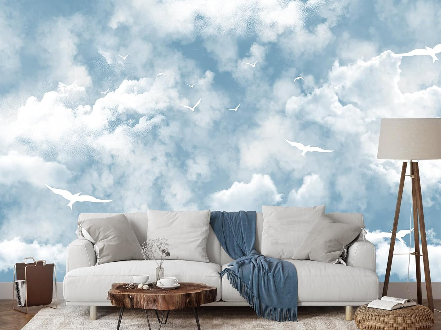 Blue Sky and White Cloud Wallpaper for Ceiling White Pigeon Wall Mural for Bedroom Living Room (Not Peel n' Stick)