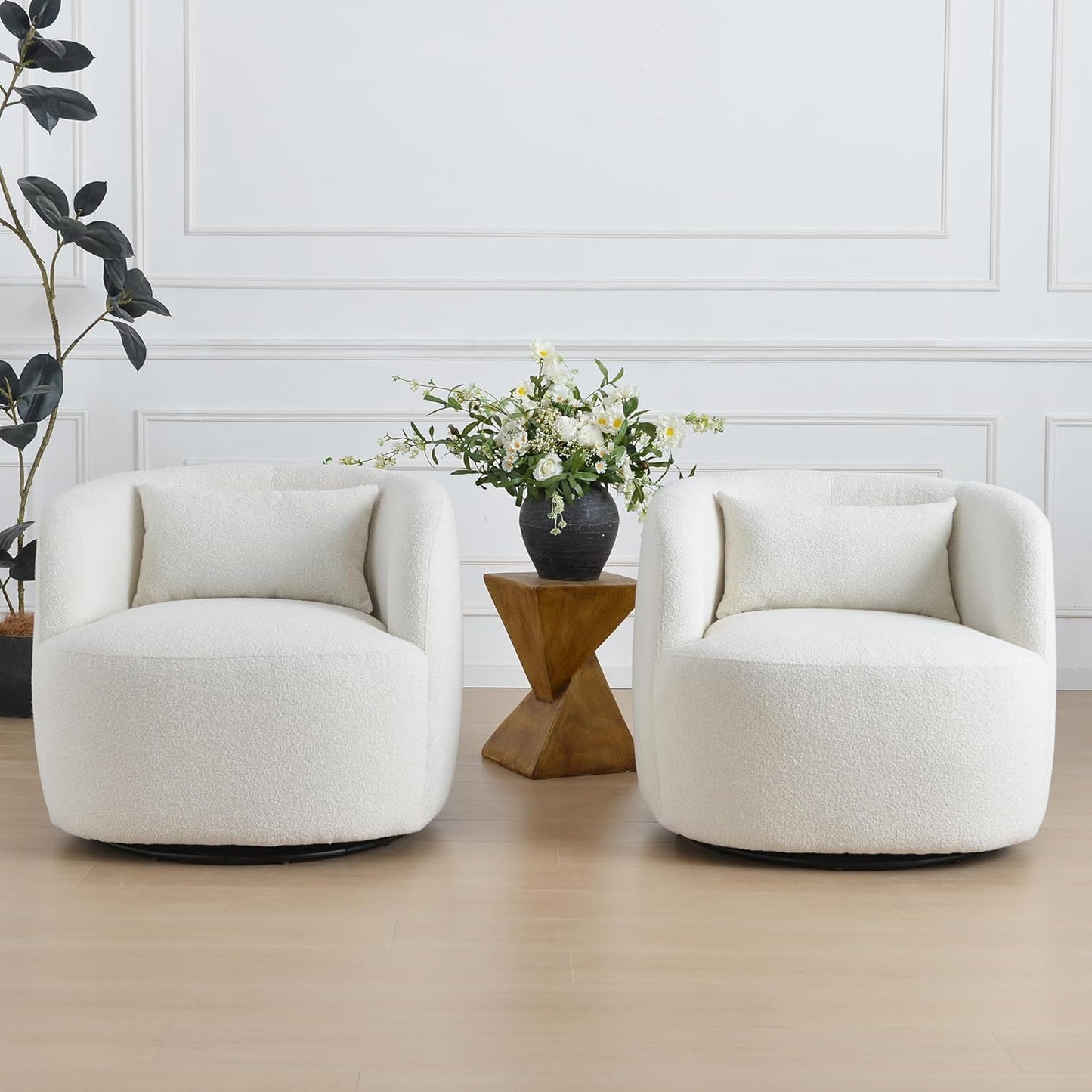 KINWELL 34" Wide Sherpa Swivel Barrel Chairs Set of 2, No Assembly Round Boucle Upholstered Accent Chairs Armchairs Single Sofa Chair with Toss Pillow for Living Room and Bedroom, Beige