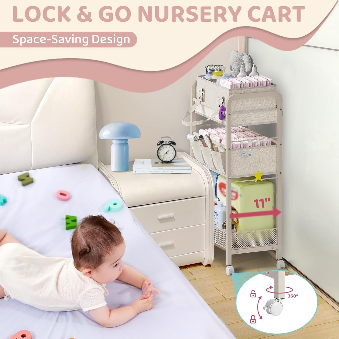 Baby Diaper Caddy Organizer and Storage,2In1 Baby Cart Organizer-Baby Diaper Caddy+3 Tier Rolling Cart for Baby Nursery,Baby Bedside Cart,Easy Assembly,Beige