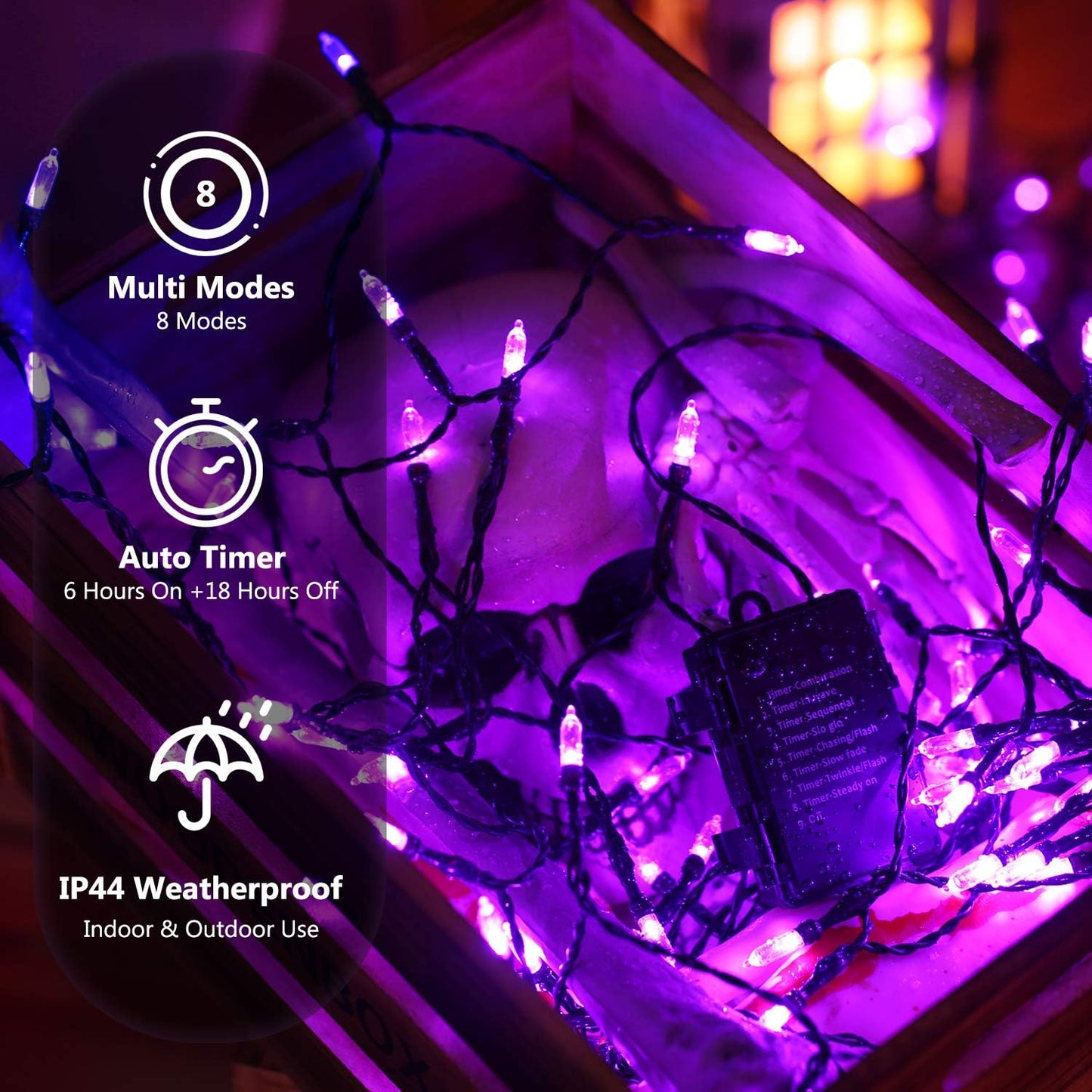 BrizLabs Purple Halloween Lights, 33ft 100 LED Halloween String Lights, 8 Modes Battery String Light with Timer, Indoor Outdoor Battery Purple Tree Light for Party Christmas Tree Bedroom Patio Decor