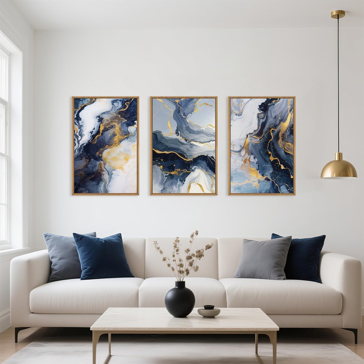 Celestdeco Blue Abstract Framed Canvas Wall Art Set, Blue Golden Aesthetic Wall Decor, Navy Blue Gold Wall Painting, Neutral Modern Art Print for Living Room, Bedroom, Dining Room, Office 24"x36"x3