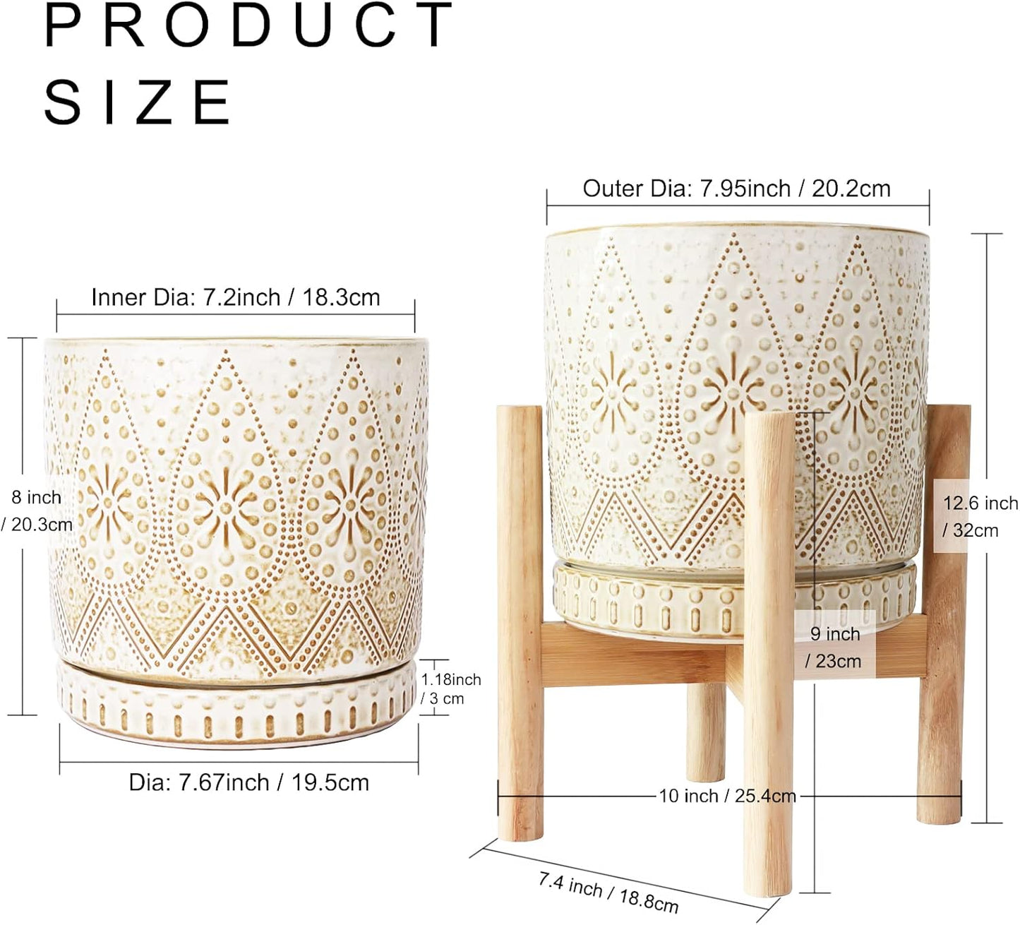 8 Inch Plant Pot with Stand, Ceramic Planter with Drainage Holes, Saucers and Mesh Pads for Indoor-Outdoor Plants