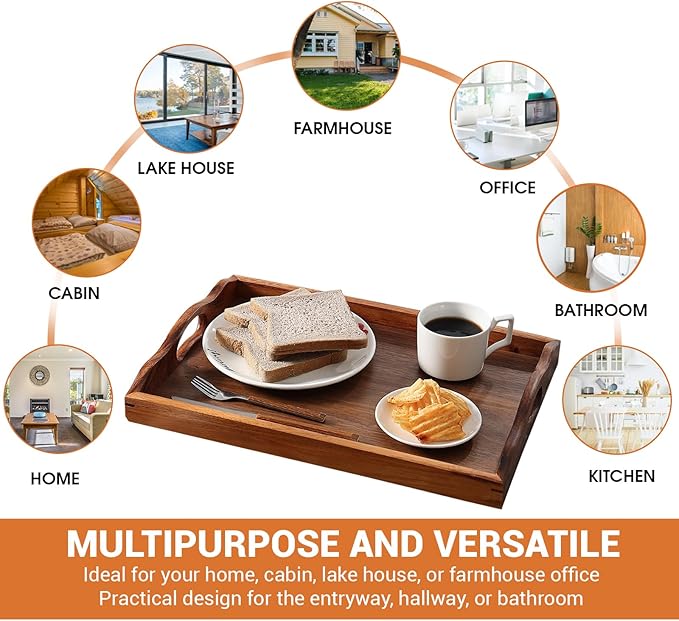 Nature Walnut Wooden Serving Tray with Handles, Solid Wood Food Tray for Coffee, Breakfast, Dinner, Ottoman,16.6x11.8x2.4 inches