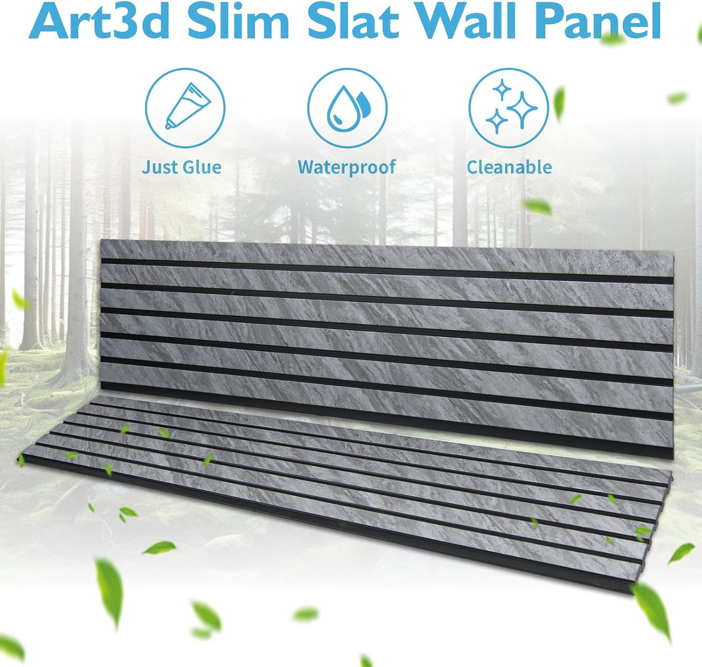Art3d 4-Pack Glue-On Six-Grid Wainscoting Panel for Interior Wall Decor - 104 x 12 Inch Polystyrene Ultralight Slim Slat Wall Panels for Living Room Bedroom, Granite