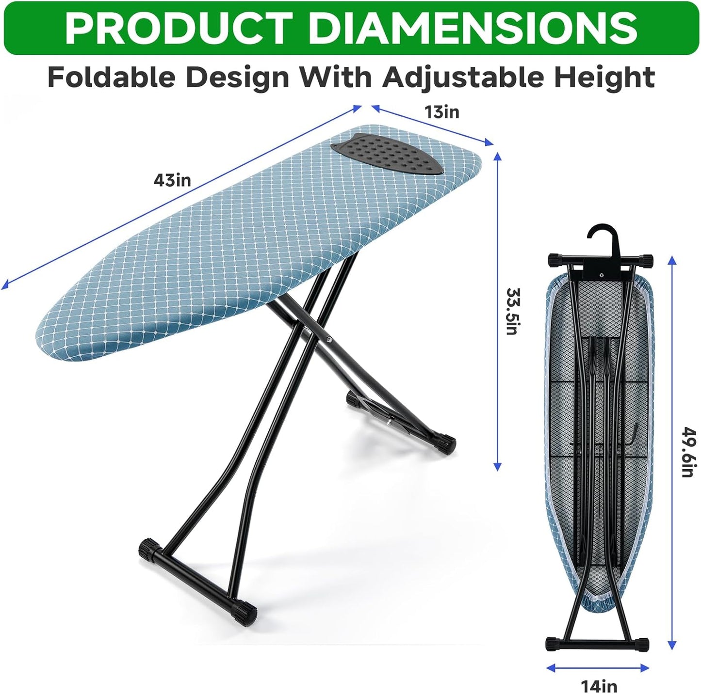Compact Ironing Board 13 x 43, Iron Board with Heat Resistant Surface, Adjustable Height, Space Saving Table with Hook & Iron Rest for Home & Laundry Room, Diagonal Checkered Blue