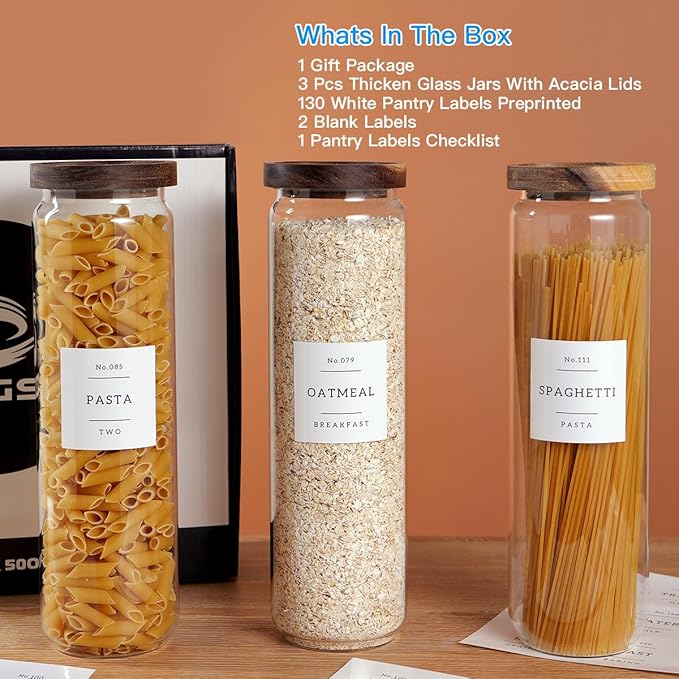 3 Set Glass Pantry Storage Jars with Acacia Airtight Lid - 50oz Thicken Glass Kitchen Canisters with 132 Pantry Labels - Tall Food Storage Containers with Wood Lid for Pasta,Spaghetti,Cereal