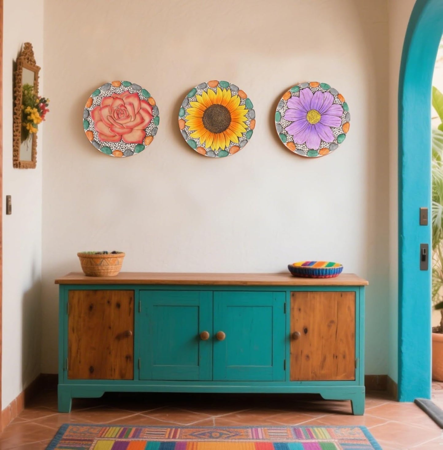 Decorative Sunflower Garden Stepping Stone - Colorful Pebble Border, Garden Stepping Stones Outdoor Yard Decor 10x10x0.75 Inches