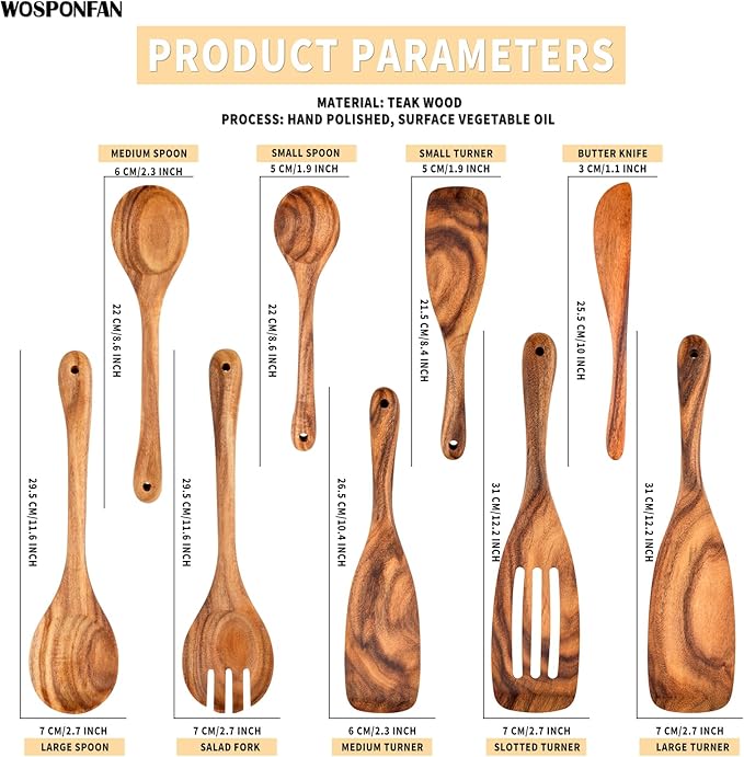 Wooden Cooking Utensils Set, 9 PCS Teak Wood Spoons, Spatula, Slotted Spoon, Handmade Modern Kitchen Utensils