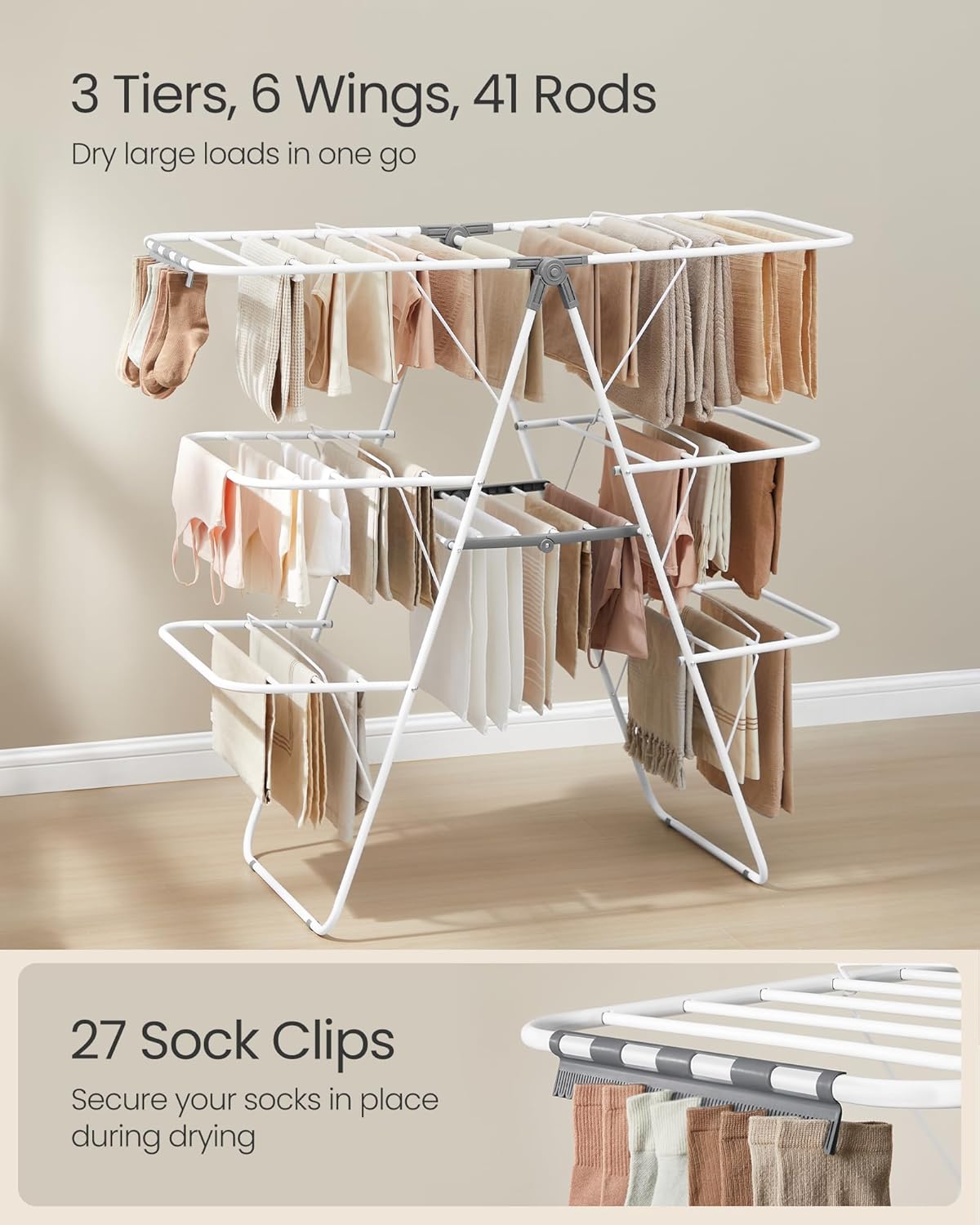 SONGMICS Clothes Drying Rack, Foldable 3-Level Laundry Rack, Free-Standing Large Drying Rack, with Height-Adjustable Wings, 39 Drying Rails, Sock Clips, White and Gray ULLR054W01