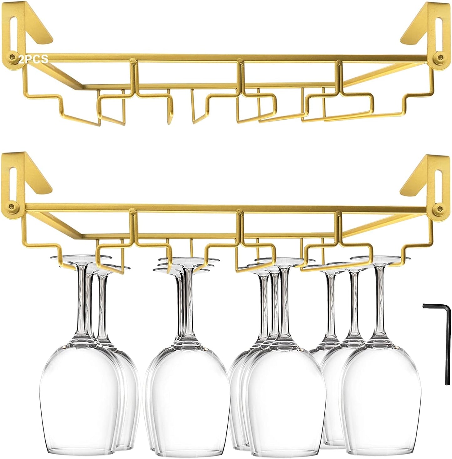 AUHOKY Adjustable Wine Glass Holder Under Shelf, Nail Free Metal Stemware Holder Storage Hanger, Hanging Wine Glasses Rack Organizer Under Cabinet Mount for Bar Kitchen (4 Rows, Gold)