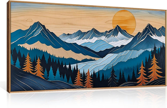 Blue Woodcut Mountain Framed Canvas Wall Art Set, Boho Abstract Ridge Wall Decor, Pine Tree Landscape Wall Painting, Sunrise Forest Art Print for Living Room, Bedroom, Office - 20"X40"