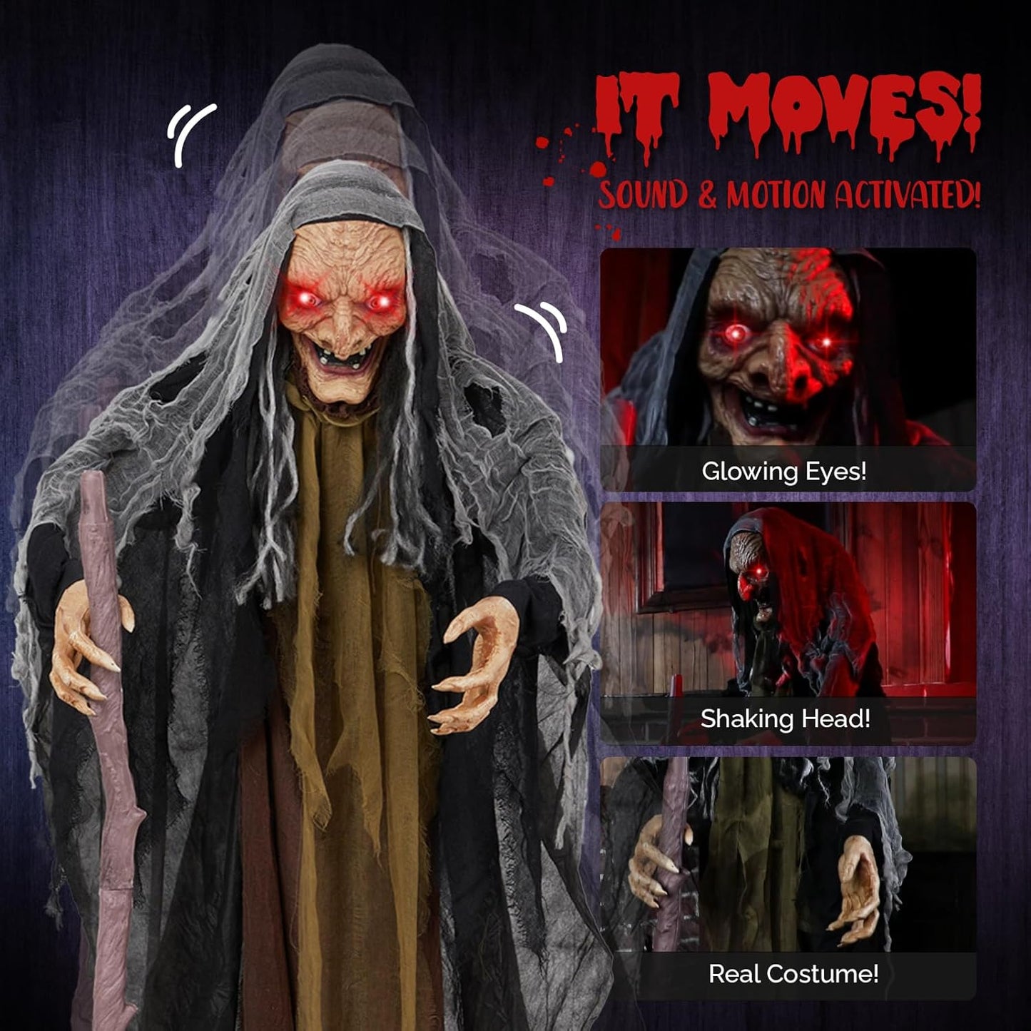 AW Animated Halloween Decorations,Scary Witch with Crutch,5.3FT Life Size Standing Clown,Motion/Sound Activated LED Eyes Creepy Sound,Haunted House Props Party Outdoor Indoor Lawn Yard Patio 2025