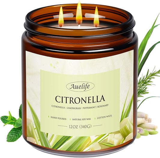 Auelife Citronella Candles Outdoor, 12oz Large 3-Wick Candle for Outside Patio Camping & Garden, Natural Soy Wax Citronella Candle for Summer Gift, Long Lasting for Indoor Home Scented, 50+ Hour Burn