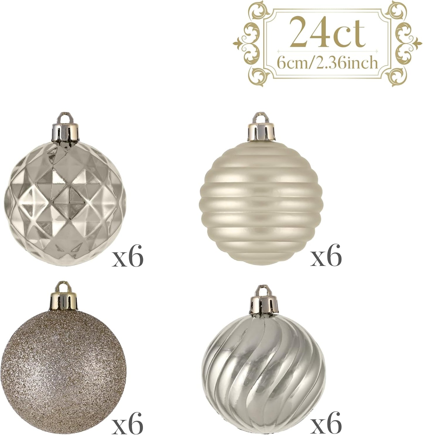 Valery Madelyn Christmas Ornaments Tree Decorations Set for Fall Halloween, 24ct Champagne Gold Shatterproof Ball Ornaments, 2.36" Hanging Ornament Bulk for Xmas Holiday Party Decor