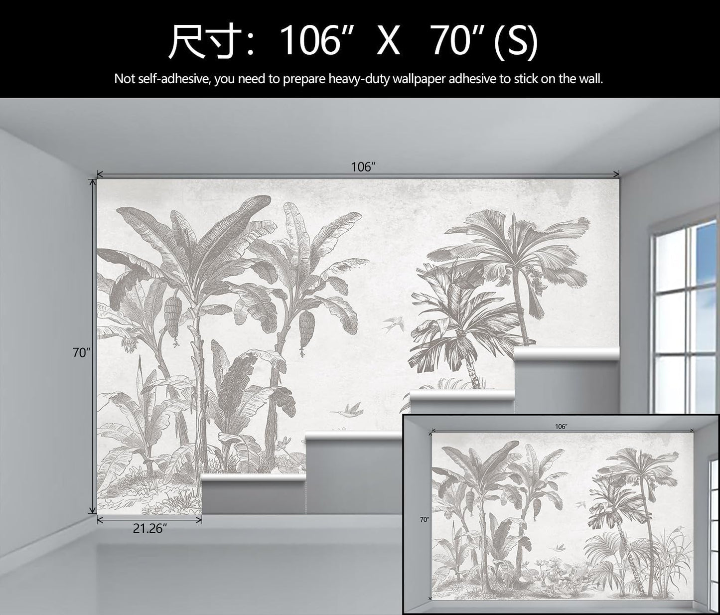 Gray Jungle Landscape Wallpaper Mural Tropical Banana Leaf Wall Mural (Not Peel and Stick)