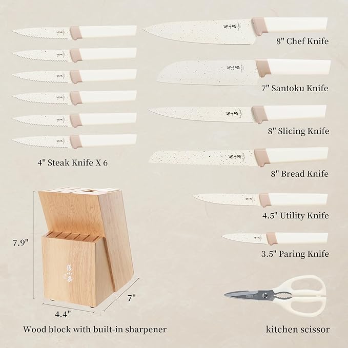 Zhang Xiao Quan Since 1628 15Piece Kitchen Knife Set,Knife Block Set with Ceramic-Coated Blade Ergonomic Handle(Cream)