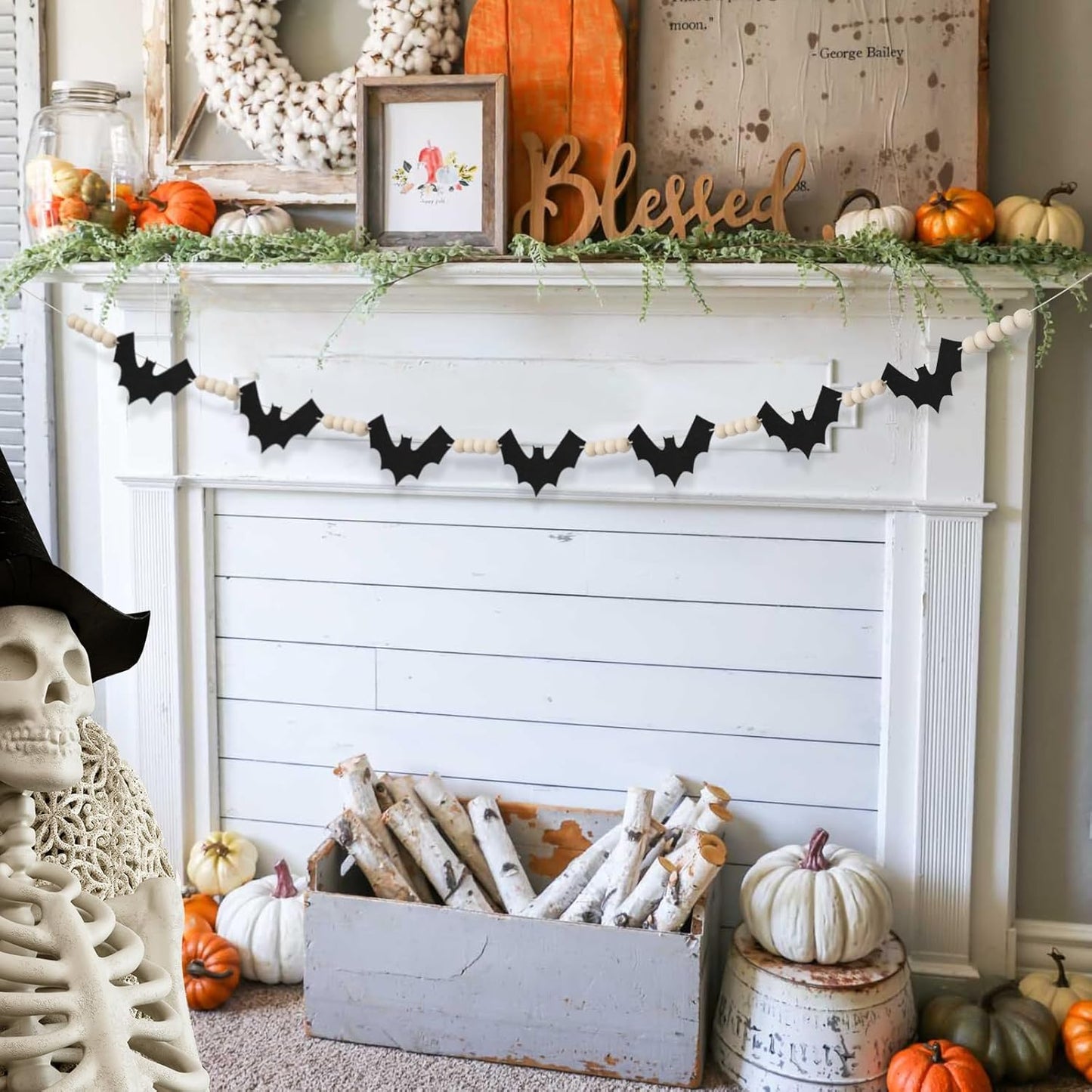 Halloween Decorations Garland, Felt Bats Halloween Decor Banner with Wood Beads for Fireplace Mantel Walls Home Indoor