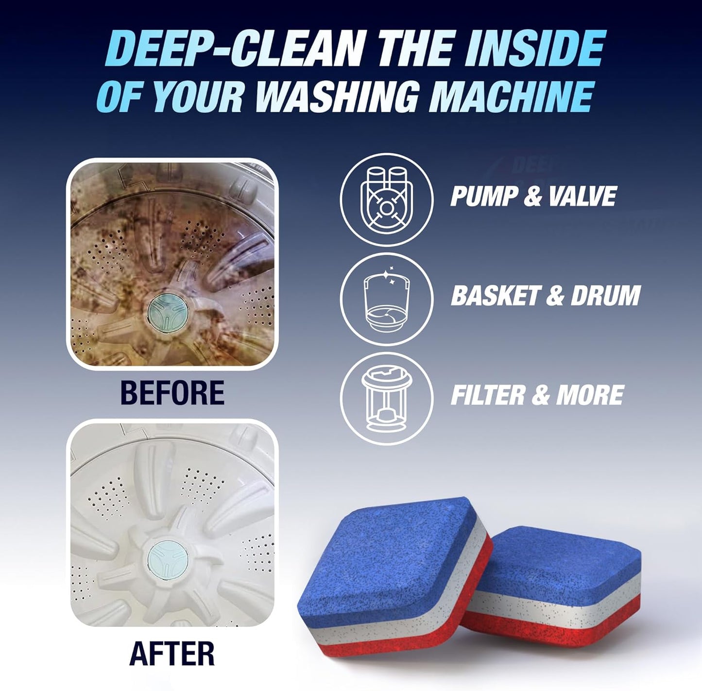 Washing Machine Cleaner Tablets 14 Pack for HE Top Load - Eco Friendly Washer Machine Cleaning Tablets - 3 Layers Septic Safe Wash Machine Full Deodorizer Descaler Protector - 1 Plus Year Supply