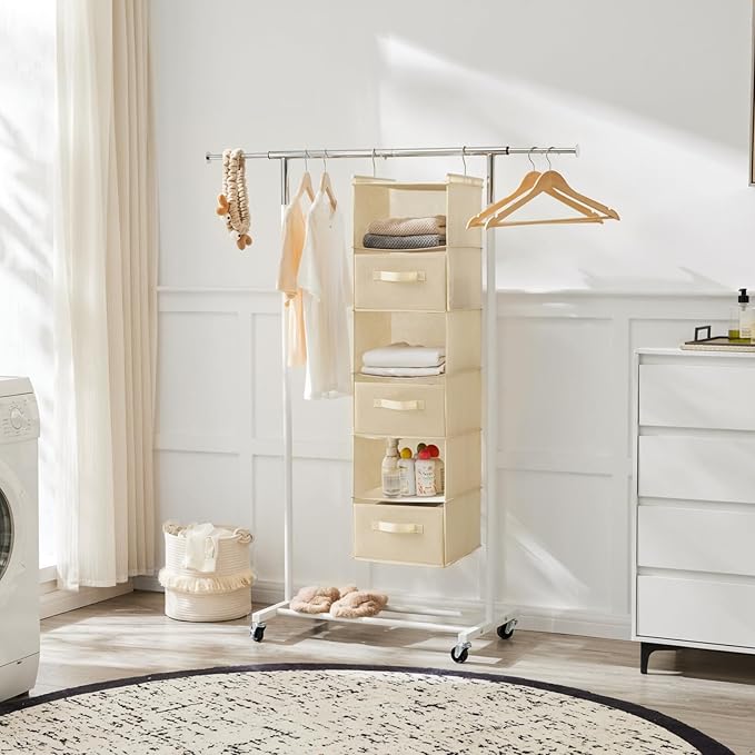 MAX Houser 6 Tier Shelf Hanging Closet Organizer, Closet Hanging Shelf with 2 Sturdy Hooks for Storage, Foldable (Beige-D3)