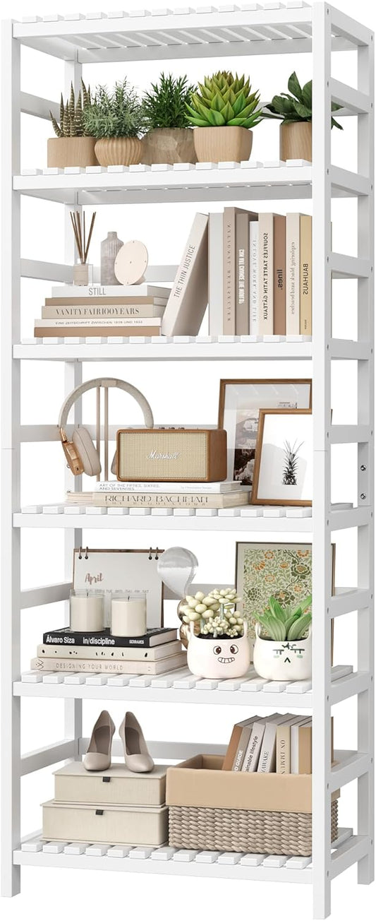 FOTOSOK 6-Tier Bamboo Shelf, Bamboo Bookcase with Adjustable Shelves, Free Standing Storage Shelf Unit, Plant Flower Stand for Bathroom, Kitchen, Home Office, White