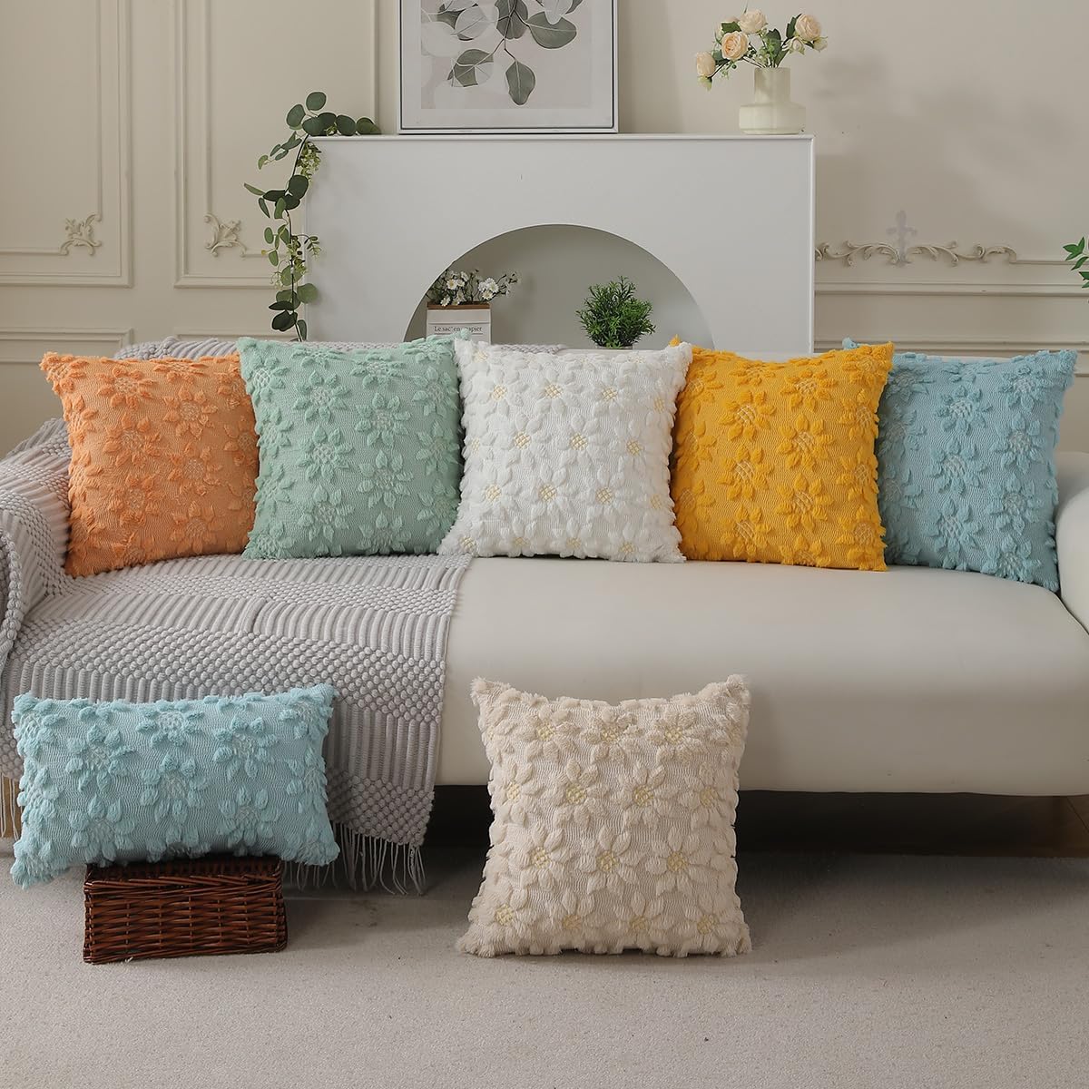 DFXSZ Spring Summer Pillow Covers 20x20 inch Set of 2 Farmhouse Decor White Flower Heart Sunflower Blue Soft Plush Faux Fur Jacquard Throw Pillows for Sofa Holiday Spring Home Decor PTK024G20