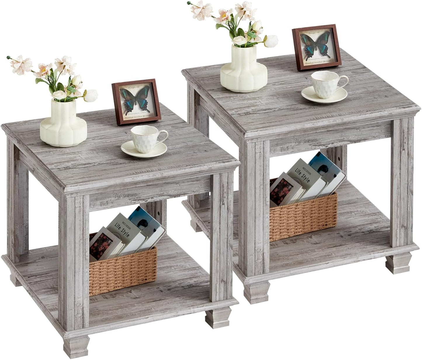 Farmhouse End Table Set of 2,Large Side Table with 2-Tier Storage Shelf,Rustic Wood End Tables for Living Room,Square Tea Table,Gray