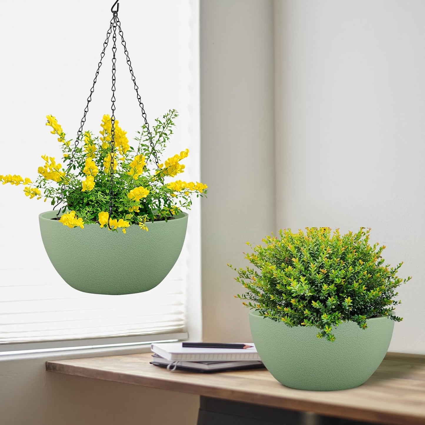 8 inch Small Hanging Planters Plant Pots for Indoor Outdoor Plants, 2 Pack Hanging Flower Pots with Drainage Holes and Chain for Garden Porch, Plastic Hanging Baskets for House Plants, Green