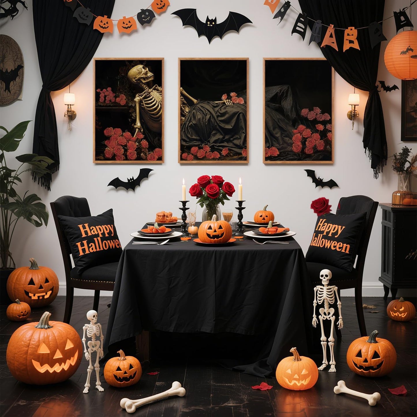 Aurlan Gothic Skeleton Roses Framed Wall Art(16"x24"), 3PCS Romantic Halloween Skull Flowers Canvas Artwork, Dark Moody Goth Mystical Creepy Decor for Home Office Bedroom