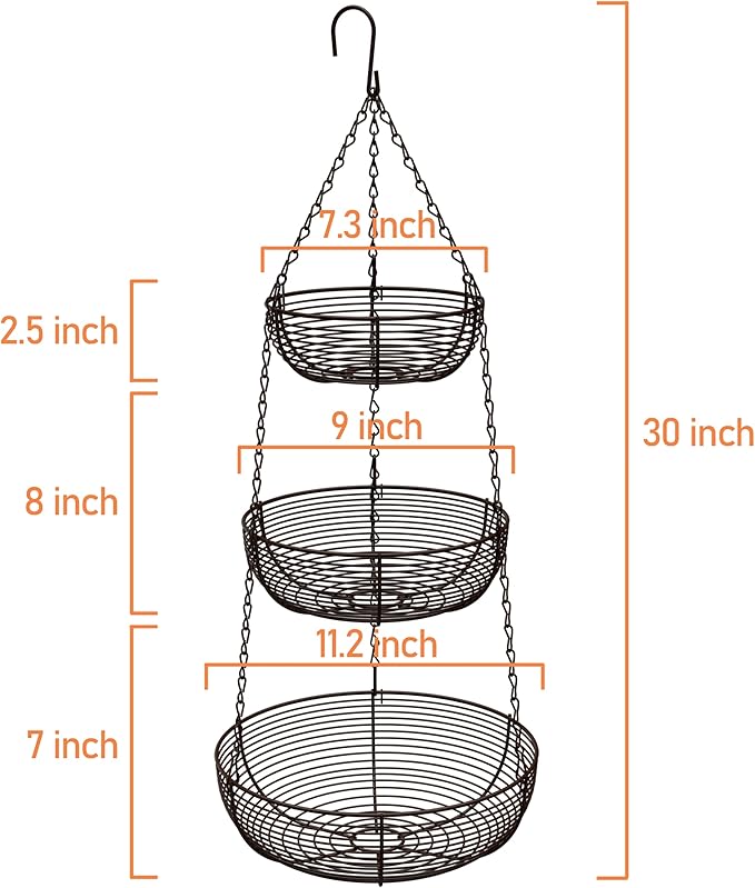CAXXA 3-Tier Hanging Basket Fruit Organizer Kitchen Heavy Duty Wire Organizer with 2 Free Bonus Metal Ceiling Hooks(Bronze)
