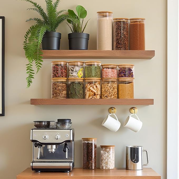 ComSaf Glass Spaghetti Pasta Storage Container with Lids 2 Qt Set of 3, Tall Clear Airtight Food Storage Jar with Wood Cover Kitchen Pantry Storage Container for Noodles Flour Cereal Coffee Beans