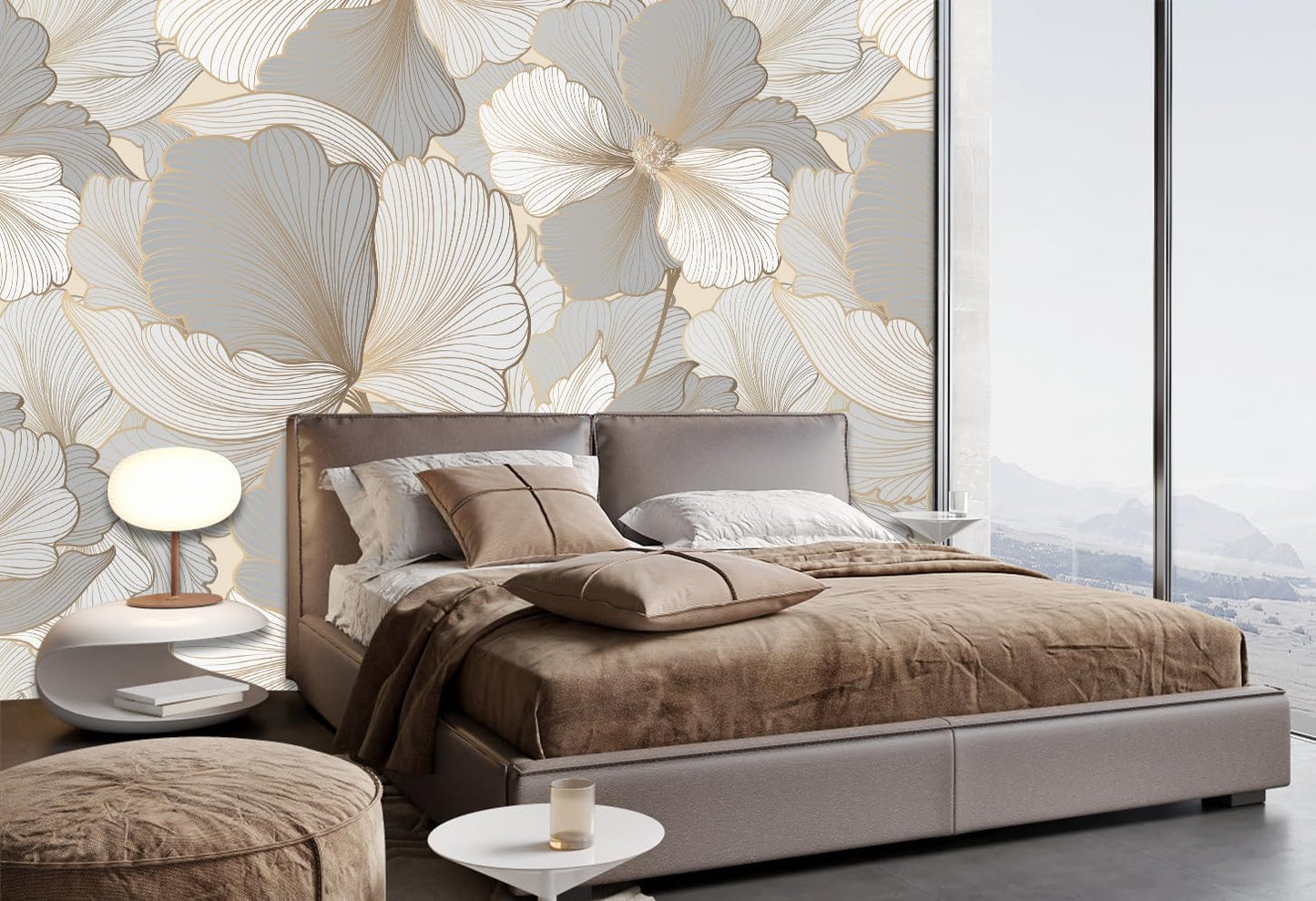 Grey and White Ginkgo Leaf Wall Mural Wallpaper for Bedroom Living Room (Not Peel n' Stick)