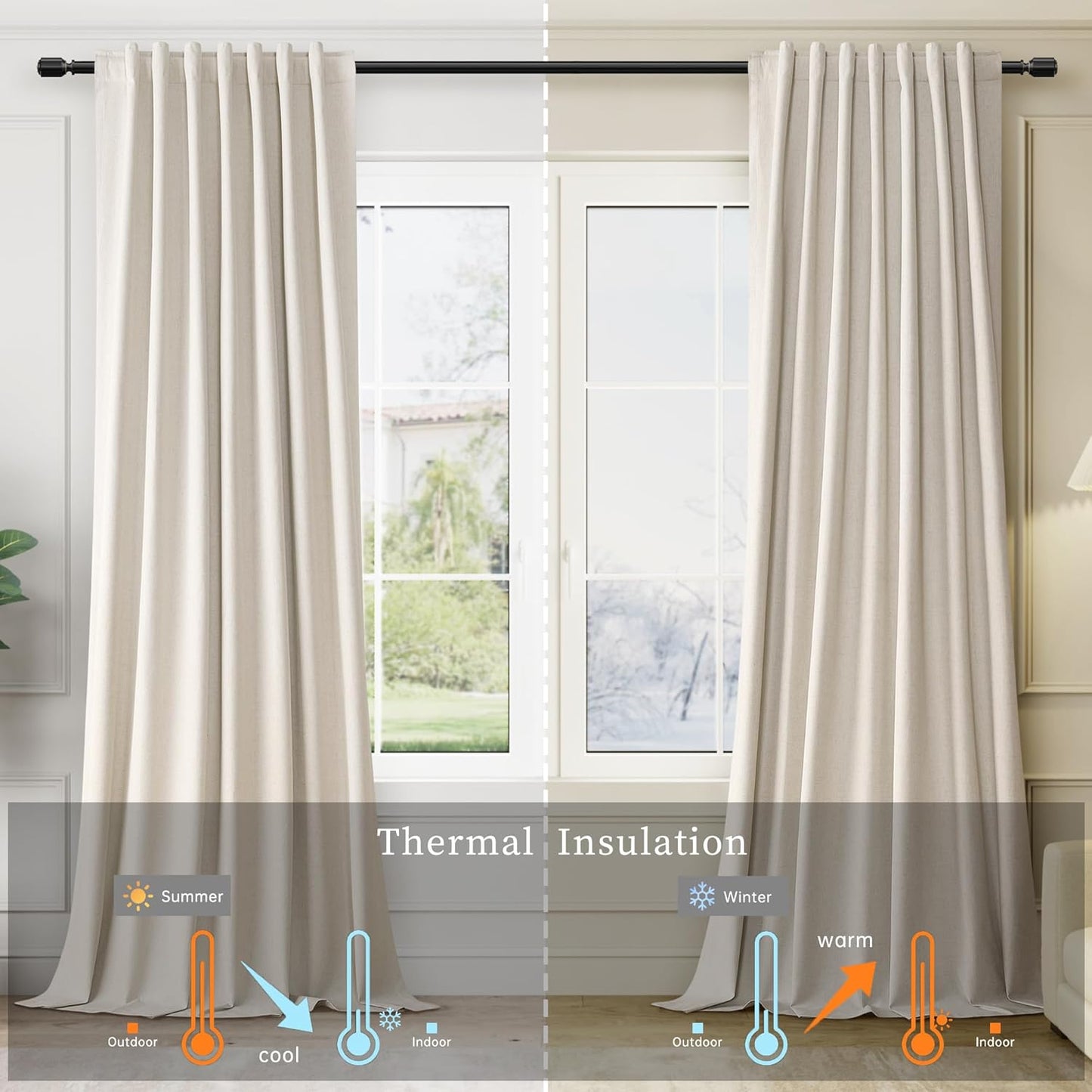 BOODII Greyish Beige 120 Inch Long Blackout Curtains for Living Room Linen Blend Back Tab Neutral Modern Room Darkening Curtains Thermal Insulated Black Out Curtain for High French Window Light Taupe