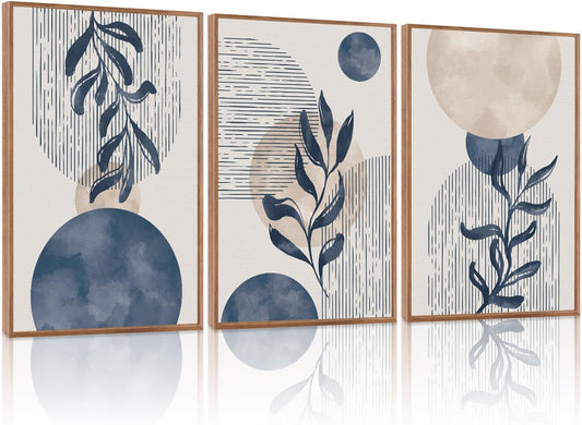 KAIRNE Boho Plant Wall Art Set of 3,Blue Bohemain Framed Canvas,Abstract Geometric Line Wall Painting,Modern Nature Prints,Botanical and Moon Wall Art for Living Room Bedroom Office - 3Pieces,16”X24”