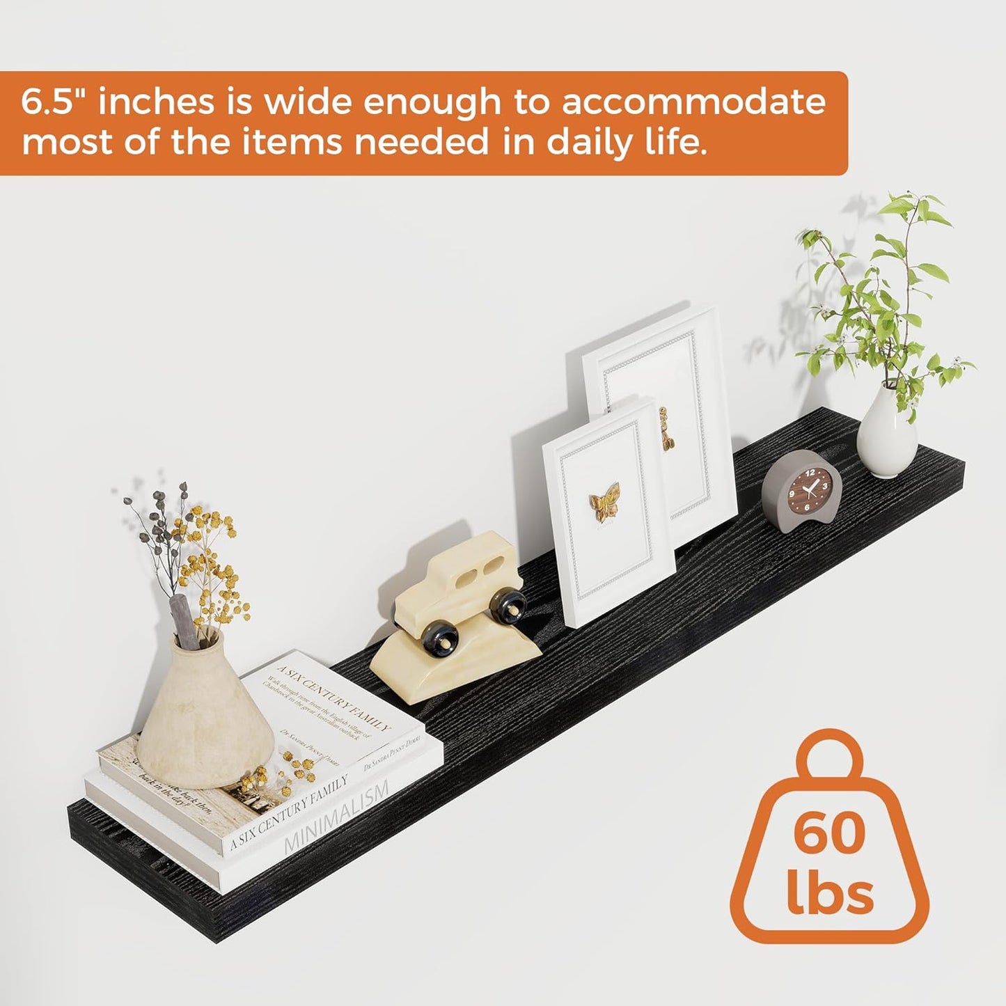 Fun Memories 36Inch Floating Shelves for Wall 2 Pack Wood Shelves for Kitchen, Bathroom, Bedroom Wall Mounted Rustic Wood Floating Shelf with Invisible Brackets for Books, Storage, Decor, Black